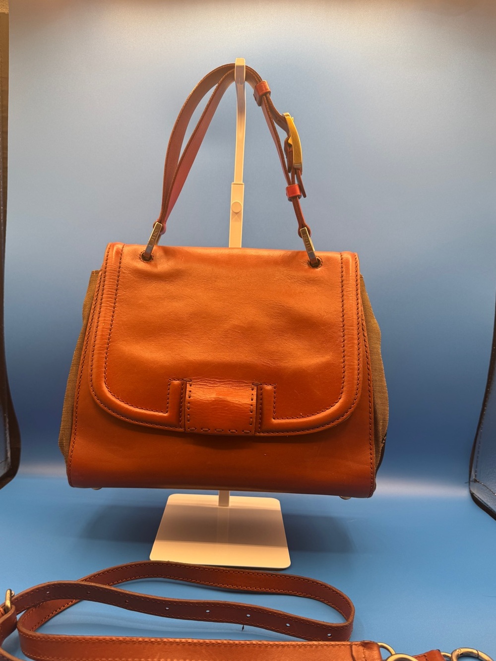 Fendi Brown and Tobacco Leather Pequin Stripe Canvas Sylvana Bag